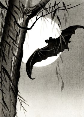 Bat and full moon woodcut 