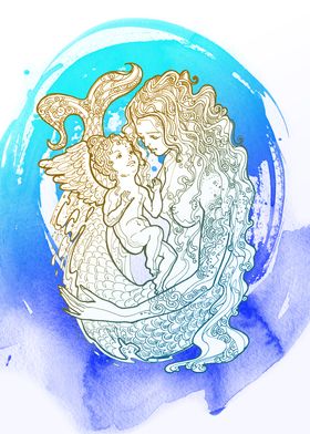 Mermaid and Angel Blue Sea