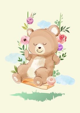 Cute bear playing swing 