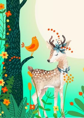 cute deer and a bird