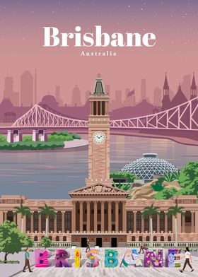 Vintage Brisbane Australia Travel Poster Print