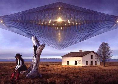 Woman sitting and ufo