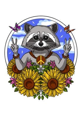 Hippie Raccoon Sunflowers 