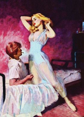 Lovers in bedroom pulp art