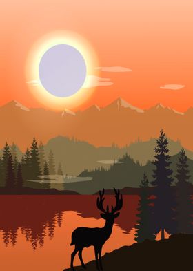 Sunset Mountain With Deer