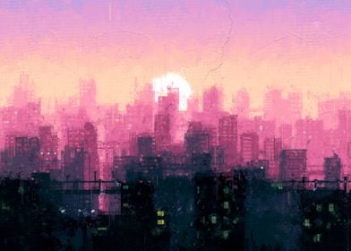 Flat Art City With Sunset