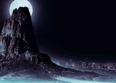 Rock and city and moon