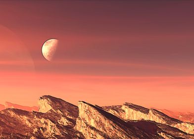 Red alien planet and moon