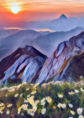 Mountains Flowers Sunset 