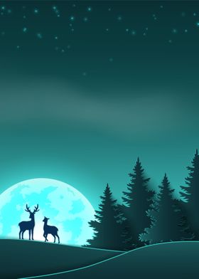 landscape moon and deer