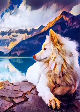 White wolf at lake