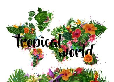 world map tropical leaves