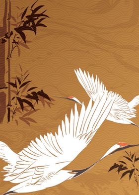 Crane birds with bamboo