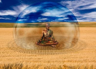 Cyborg in field of wheat