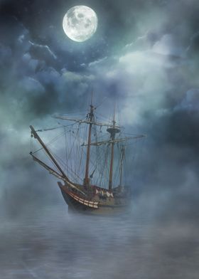 Foggy Sail Under Moon