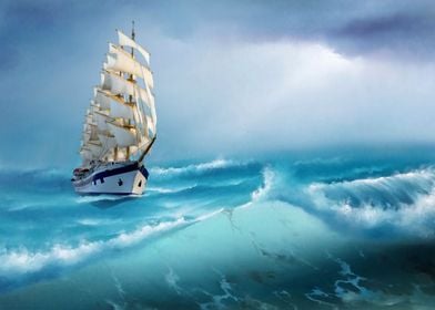 Sailing ship at sea storm