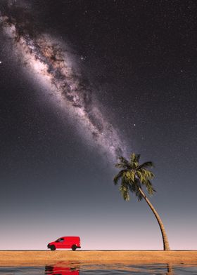 Red Car Tree and Milky way