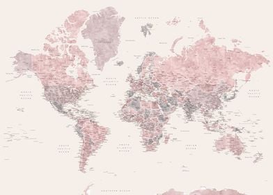 World map pink cream grey