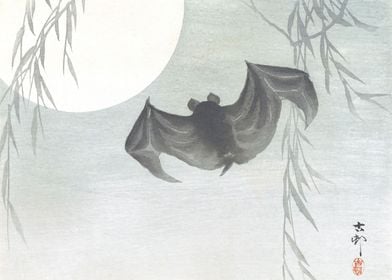 Bat and Full Moon Woodcut