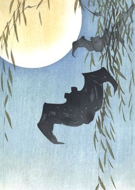 Bats and Full Moon Woodcut