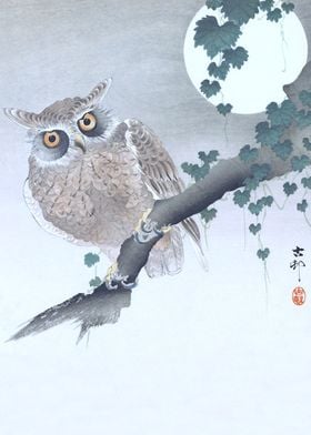 Owl and Full Moon Woodcut