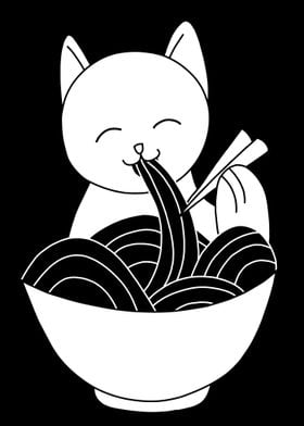 Cat Eating Ramen Black
