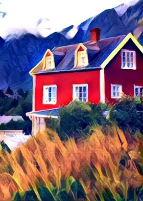 Red chimney house in grass