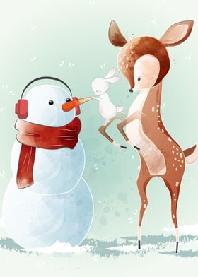 Cute deer and snowman