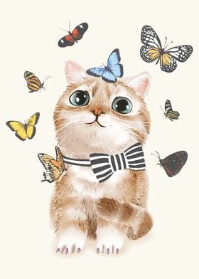 cute cat and butterflies