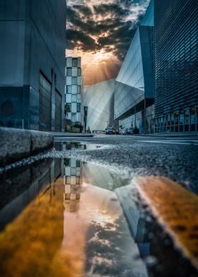 Urban sunset reflection