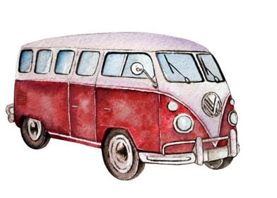 Watercolor Vintage Bus