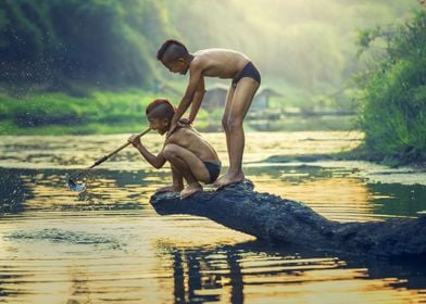 children looking for fish