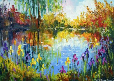 Irises and pond