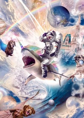 Astronaut Cat Riding Shark