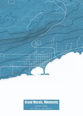 Grand Marais MN Map Blue