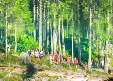 people reflected in water