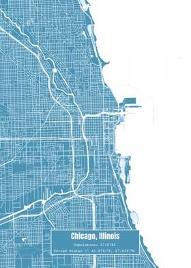 Chicago Illinois Map Blue