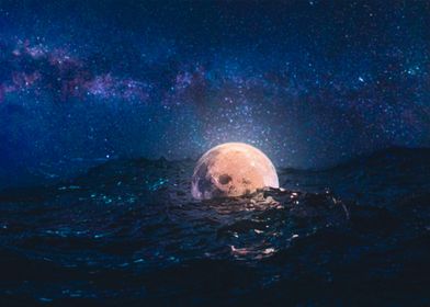 Floating Moon in Ocean