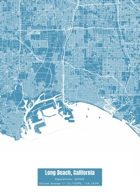 Long Beach CA Map Blue