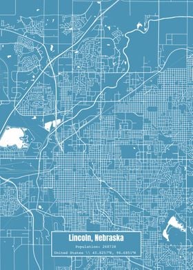 Lincoln Nebraska Map Blue