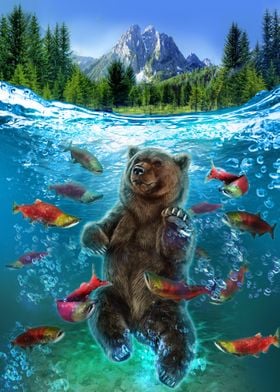 Bear Swim with Salmon Fish