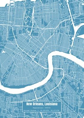 New Orleans LA Map Blue