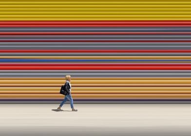 Woman and colourful wall