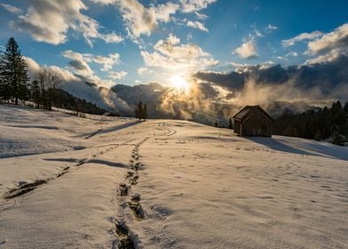 Sunset in snowy Swiss