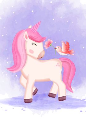 Cute unicorn and bird