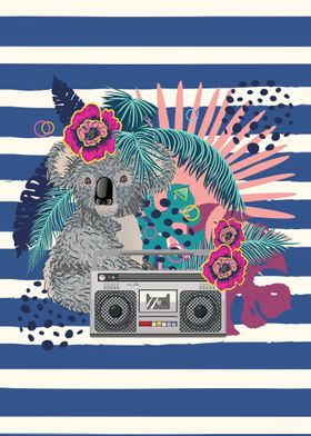 Grey koala with boombox