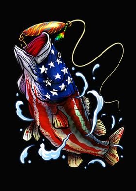 Bass Fishing Dad USA Flag' Poster, picture, metal print, paint by Berly