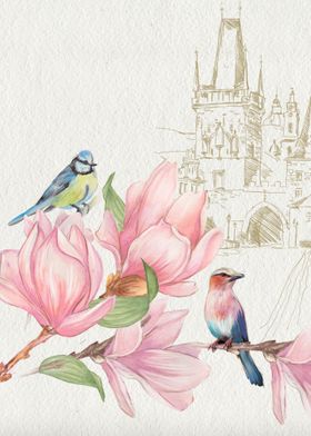 Pink Magnolia and Birds