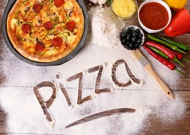 Pizza written in flour