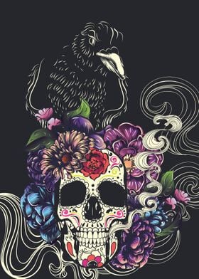 Sugar skull with crow